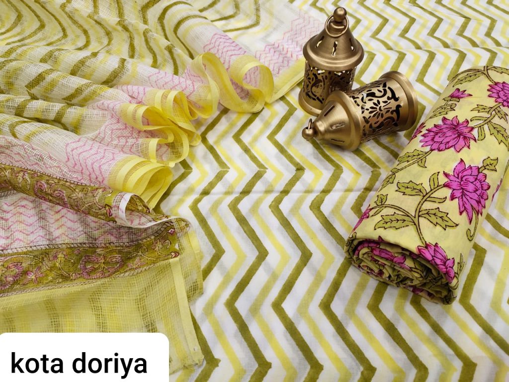 Yellow and white floral print cotton salwar suit with kota doria dupatta set