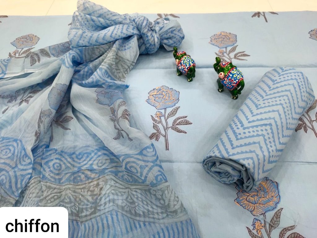 Baby blue floral print cotton salwar kameez set with chiffon dupatta