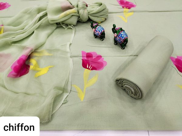 Moss Green Hand painted floral print cotton salwar kameez set with chiffon dupatta