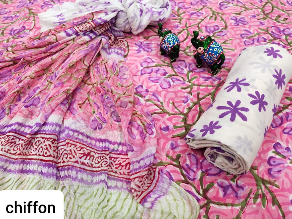 Pink floral print cotton salwar kameez with chiffon dupatta