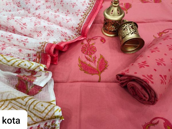 Jaipuri Salmon Pink cotton suit kota doria dupatta set