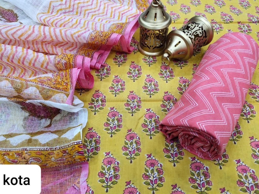 Yellow and pink cotton suit kota doria dupatta set
