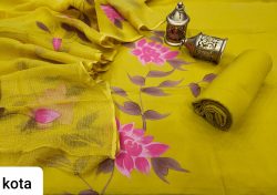 Superior quality Lime floral print cotton suit kota doria dupatta set