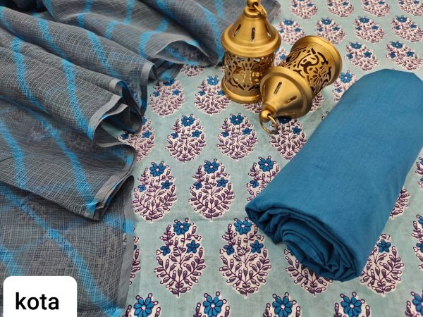 jaipuri Cerulean and Baby blue cotton salwar suit with kota doria dupatta set