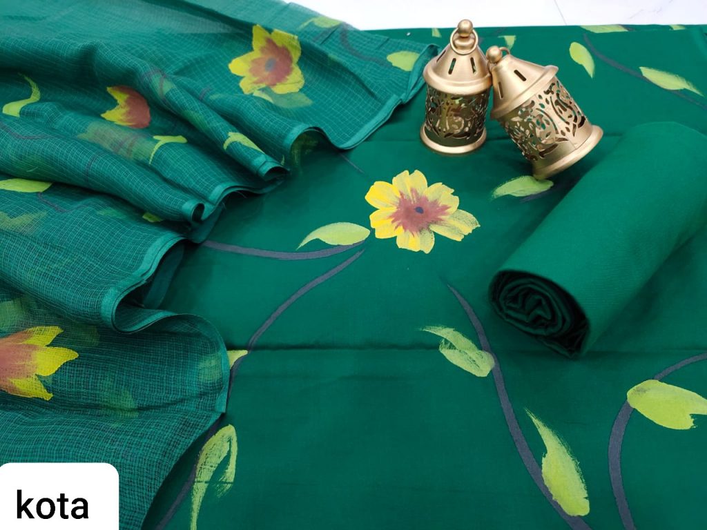 Pine Green Hand painted cotton salwar suit with kota doria dupatta