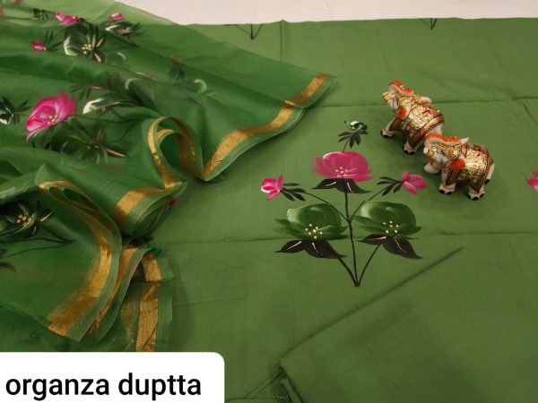 Green Hand painted Cotton suit with organza dupatta