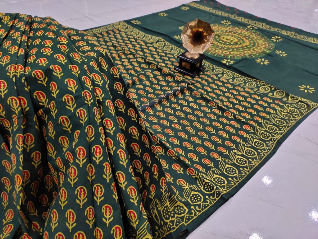 Natural green pure cotton saree with blouse