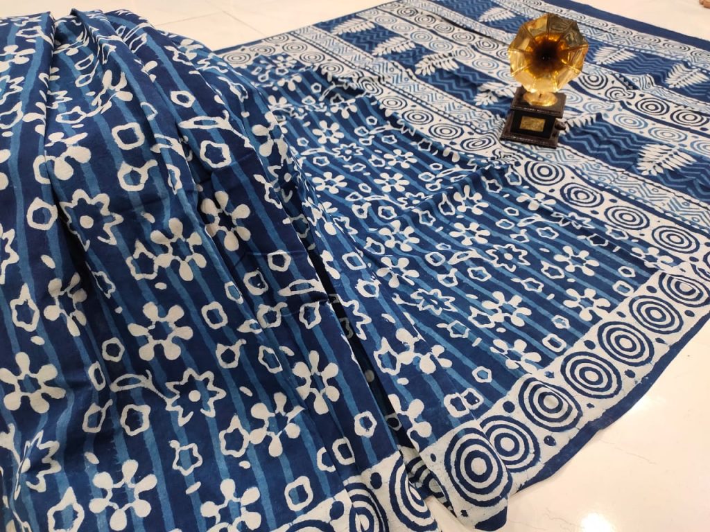 Traditional Blue pure cotton saree with blouse