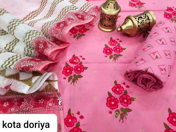 Pink floral print cotton salwar suit with kota doria dupatta set