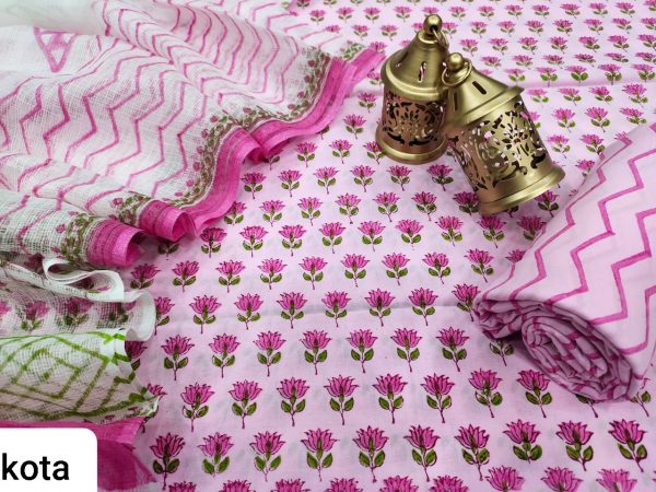 Pink floral print cotton suit with kota doria dupatta set