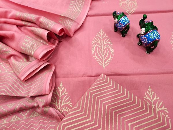 Pink mugal print Cotton salwar kameez set with mulmul dupatta