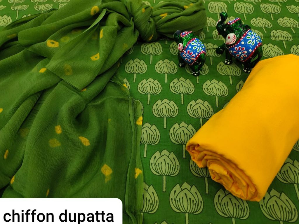 Green and amber cotton salwar kameez with chiffon dupatta
