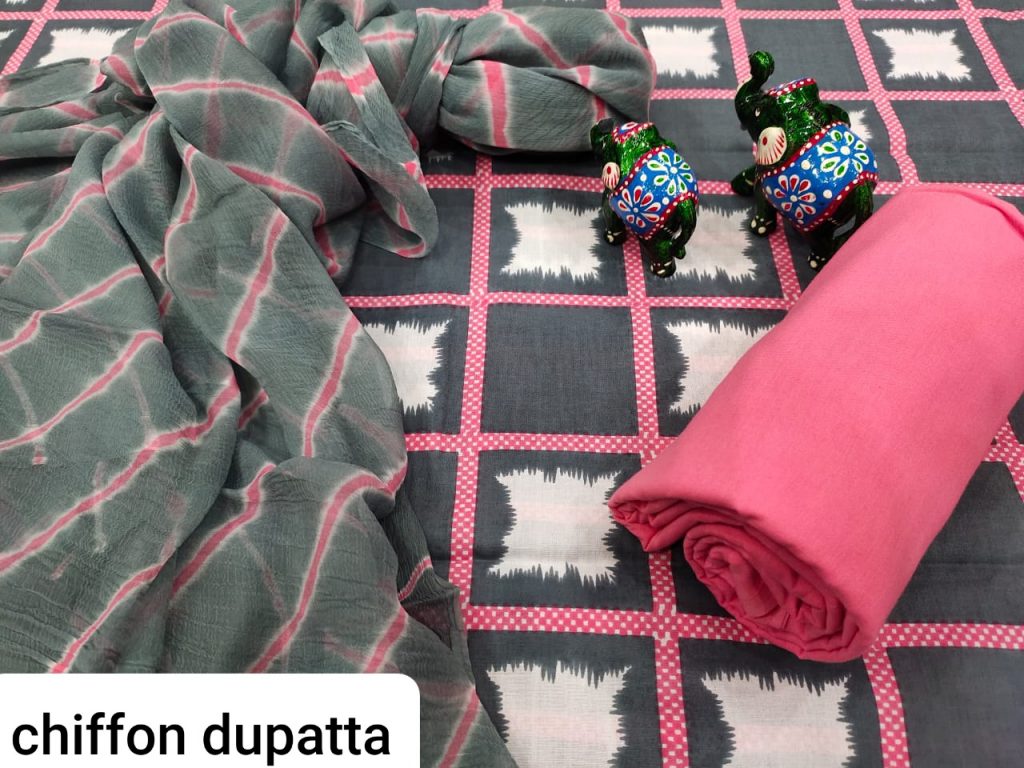Slate gray and pink pure cotton salwar kameez with chiffon dupatta