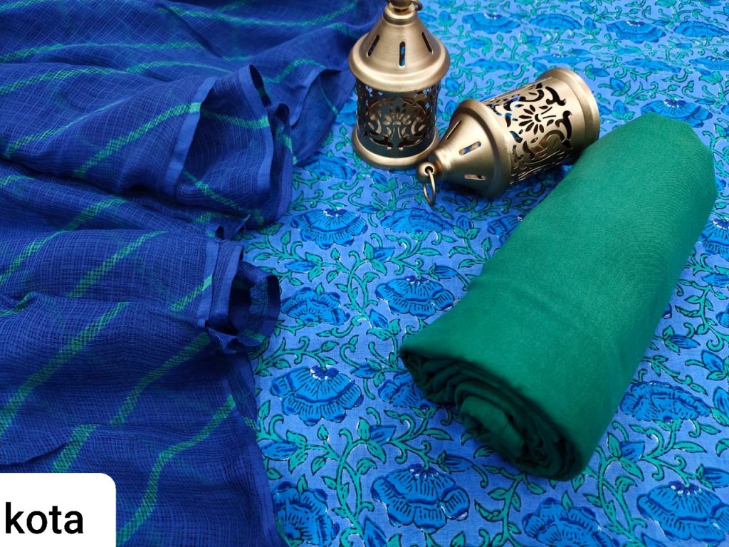 jaipuri Azure blue cotton salwar suit with kota doria dupatta set