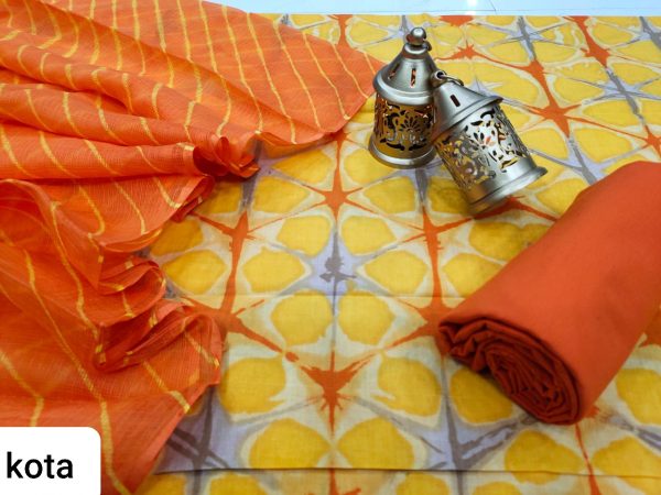 Orange and yellow cotton suit with kota doria dupatta set