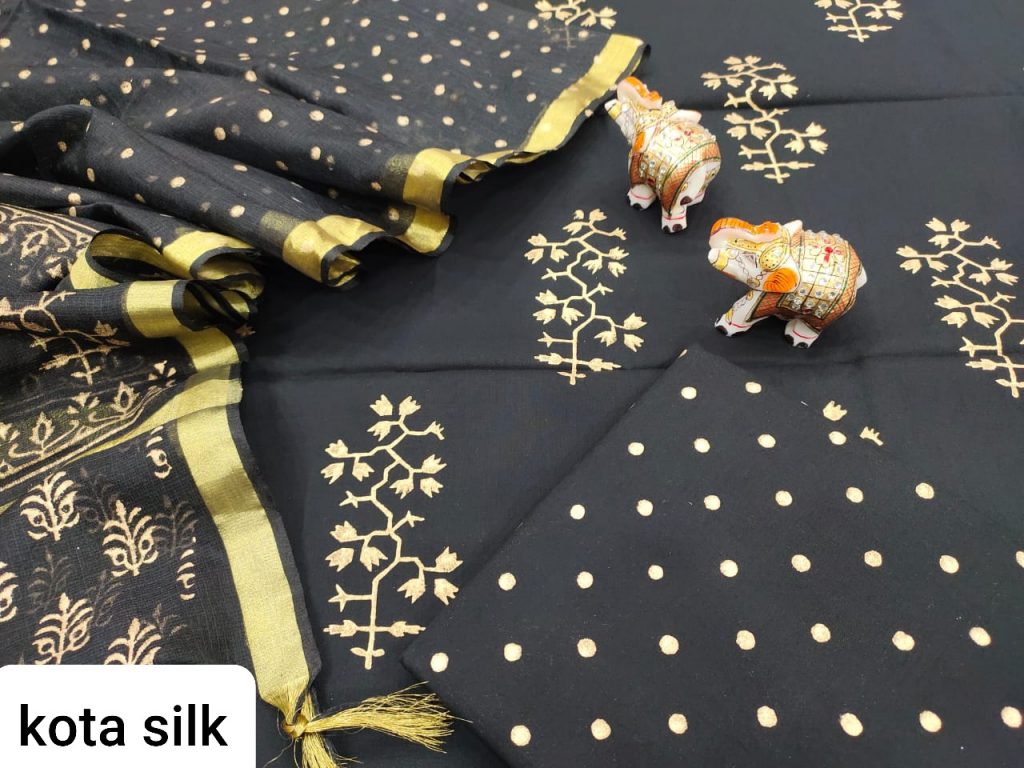 Black Cotton suit with kota silk dupatta set