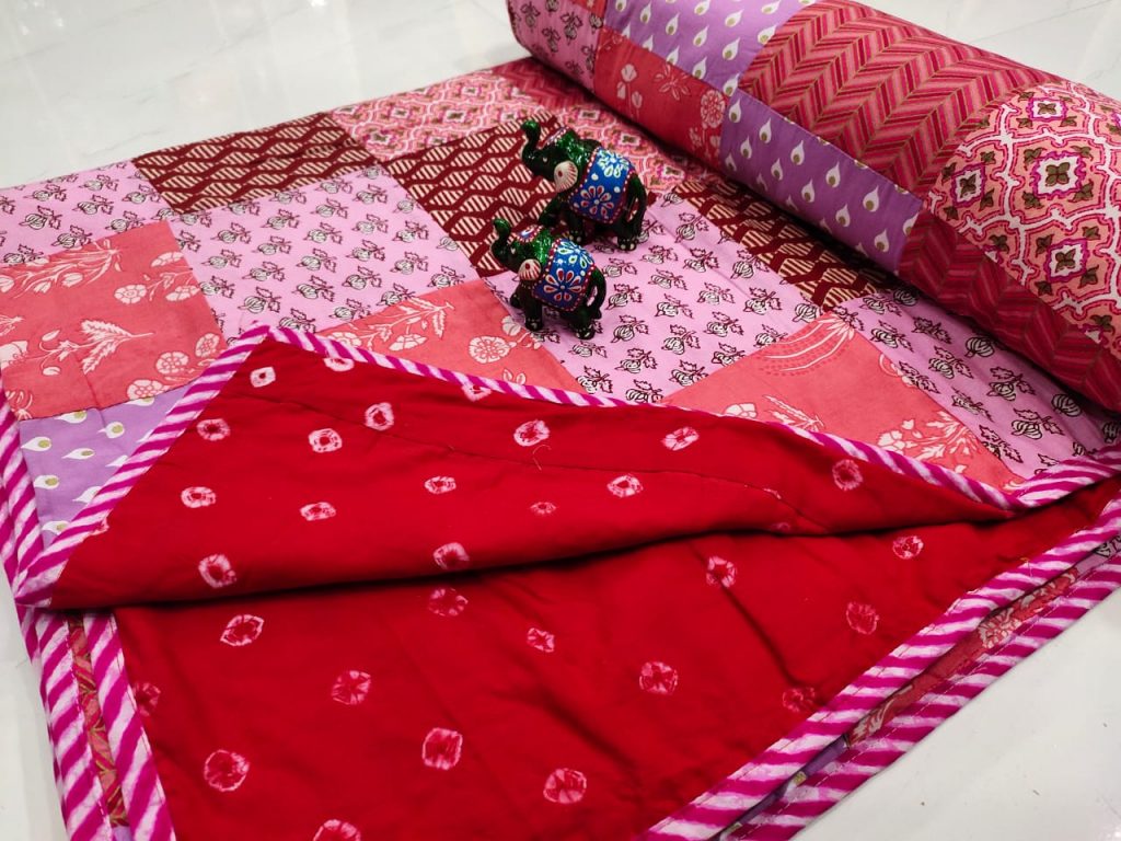 Red crimson and pink Hand stitched AC Quilt Dohar Patch work