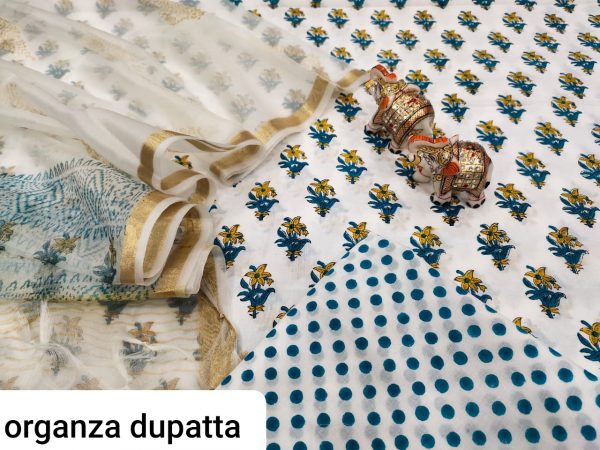 White Cotton suit with organza dupatta