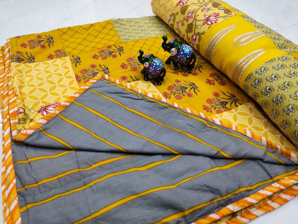Yellow And Slate gray Hand stitched AC Quilt (Dohar) Patch work