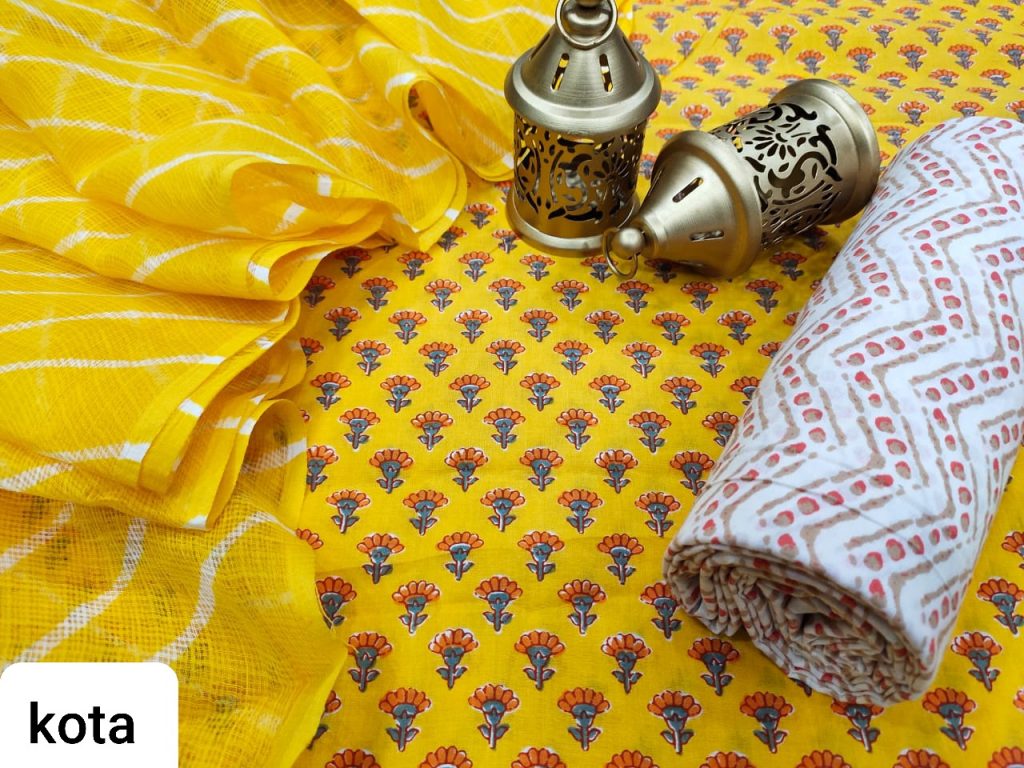 Exclusive Yellow cotton salwar suit with kota doria dupatta set