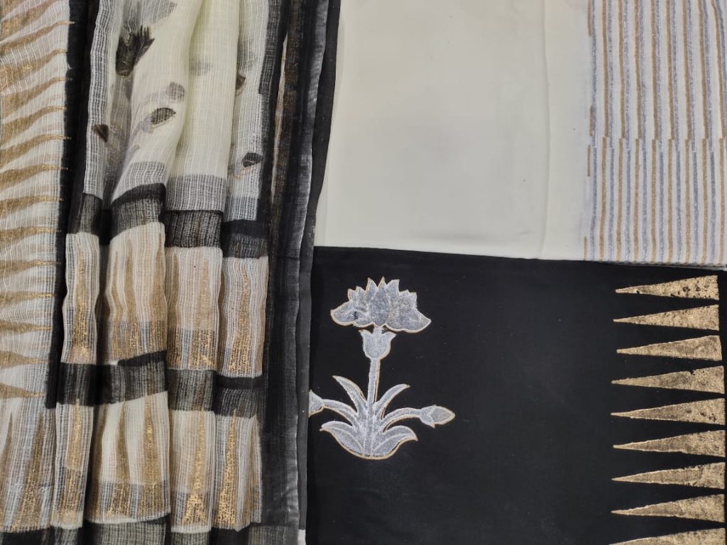 Black floral print cotton suit with kota Doria dupatta