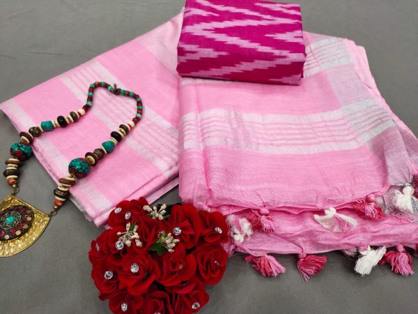 Pink Handloom cotton linen saree