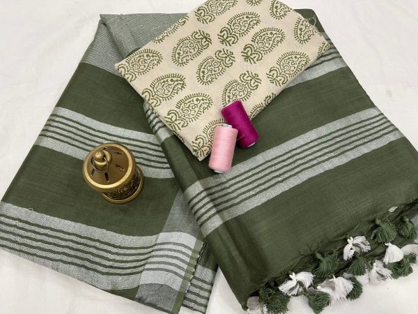 Olive Handloom cotton linen saree with printed cotton blouse