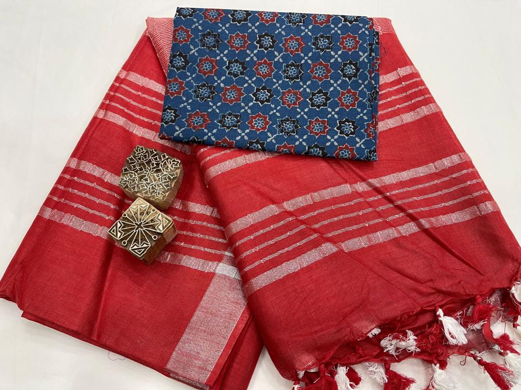 Ruby Handloom linen saree with blouse