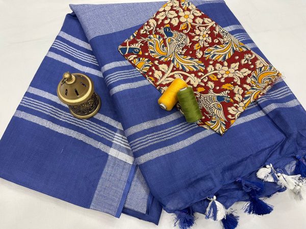 Blue cotton linen saree with printed cotton blouse