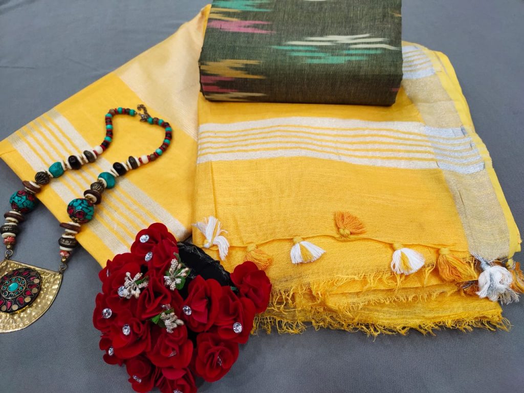 Amber Handloom cotton linen saree