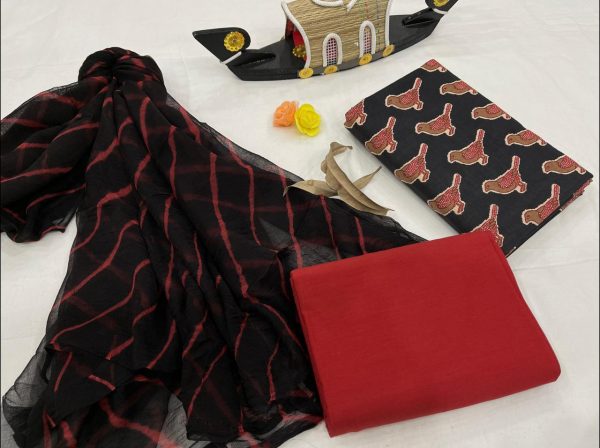 Crimson and black cotton salwar kameez with chiffon dupatta