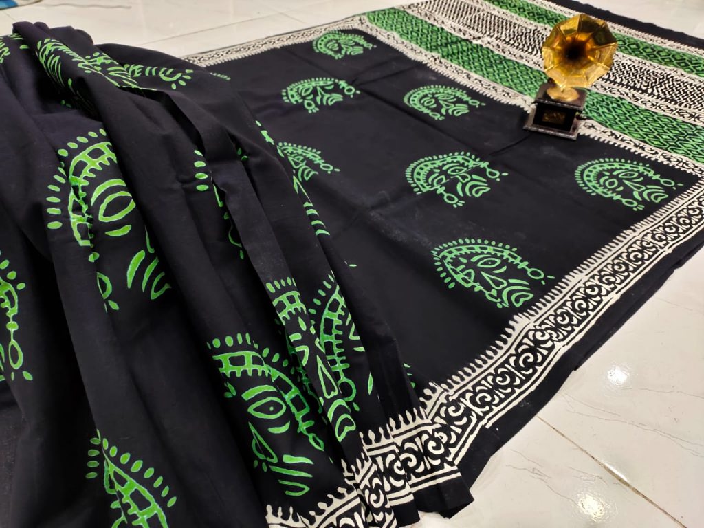 Black pure cotton mulmul saree with blouse