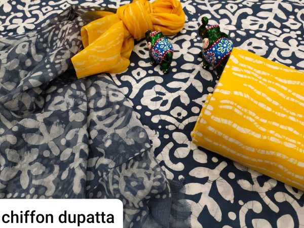 Blue and Yellow pure cotton suit with chiffon dupatta
