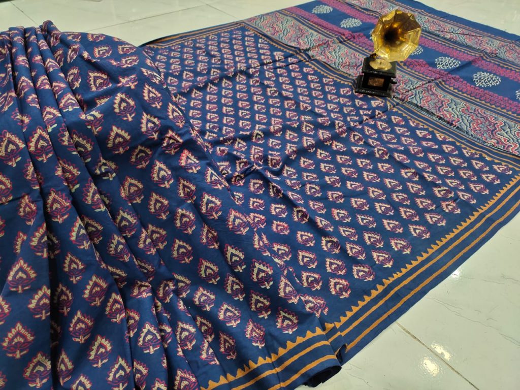 Navy blue pure cotton mulmul saree with blouse