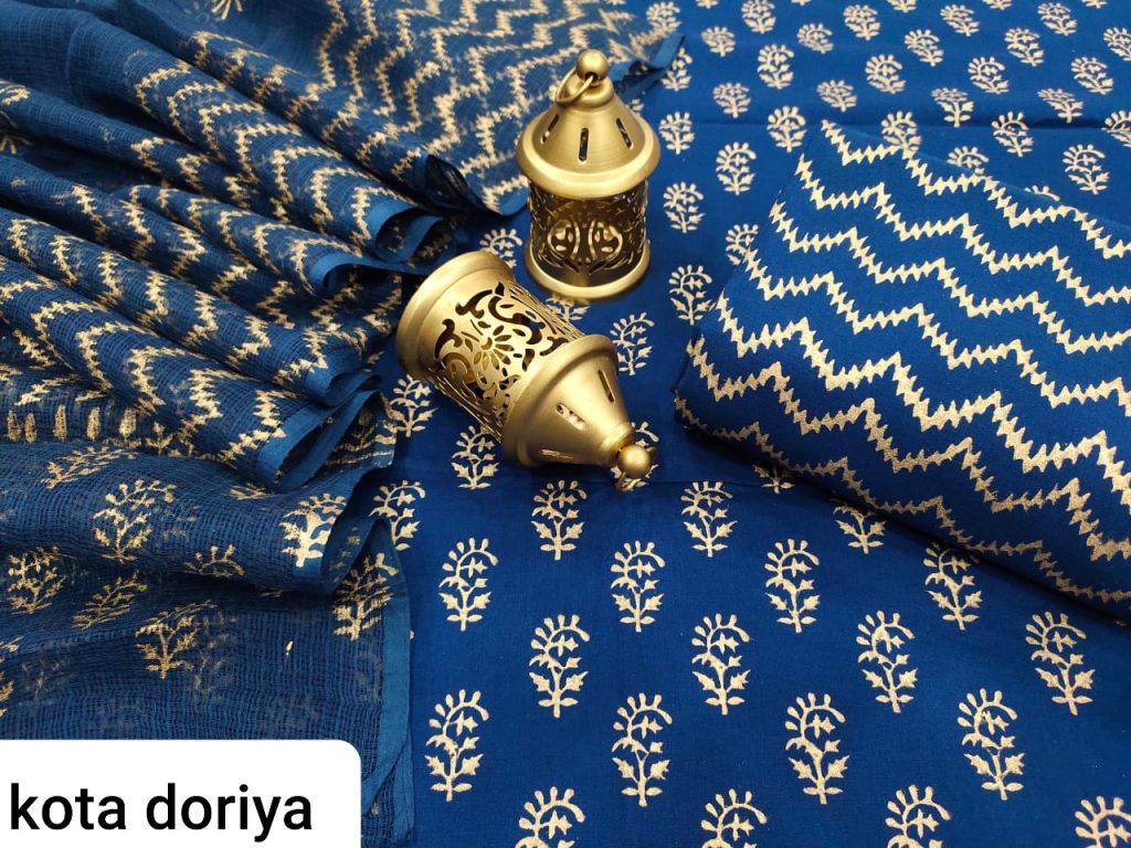 Beautiful Persian blue pure cotton suit with kota doria dupatta set