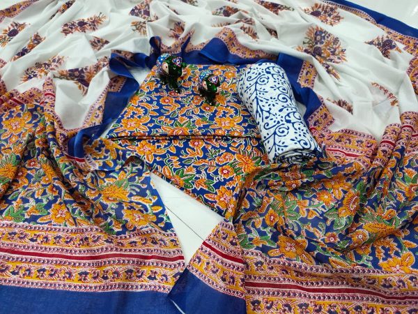 Beautiful Blue floral print pure cotton dupatta suit set