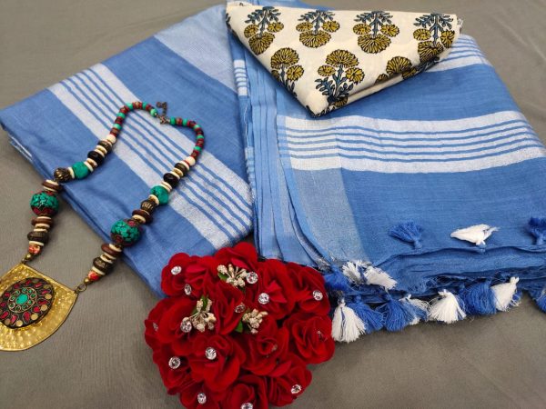 Sapphire blue Handloom cotton linen saree with printed cotton blouse