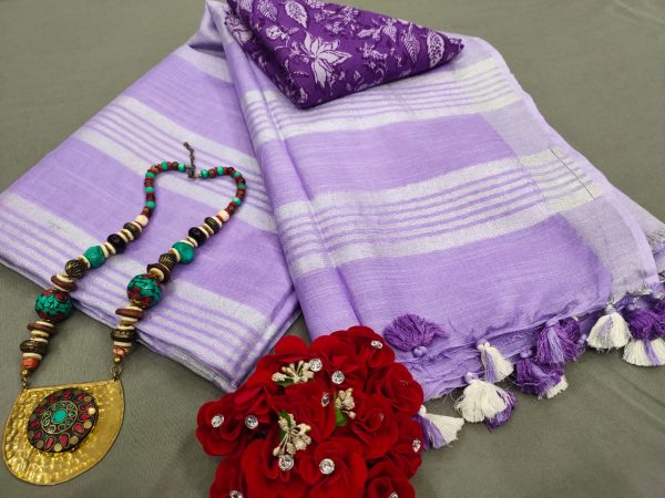 Blue-violet Handloom cotton linen saree with printed cotton blouse