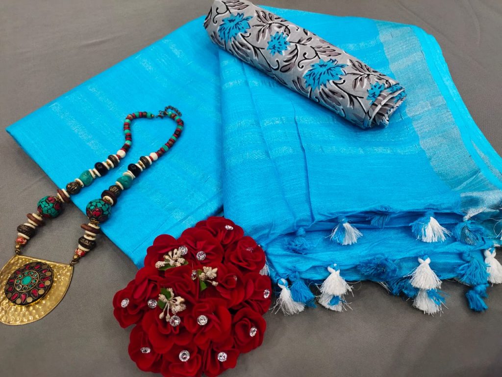 Azure blue Handloom cotton Linen saree with printed cotton blouse