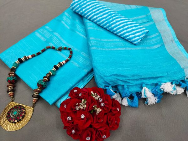 Cyan Handloom cotton Linen saree with printed cotton blouse