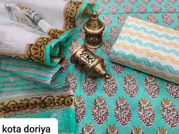 Cyan pure cotton suit with kota Doria dupatta