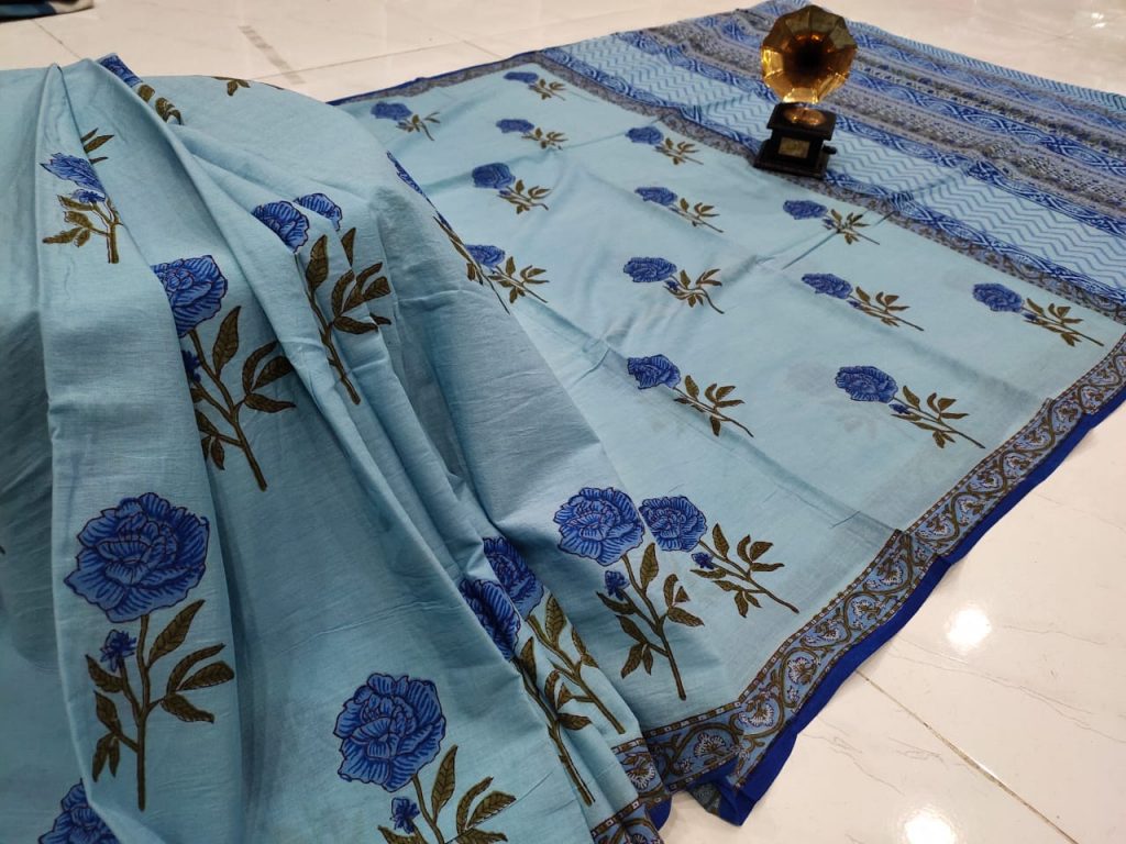 Baby blue Cotton mulmul saree with blouse
