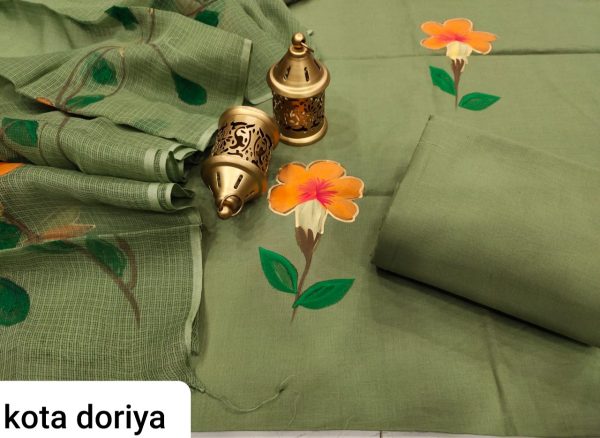 Superior quality Olivine pure cotton suit with kota doria dupatta set