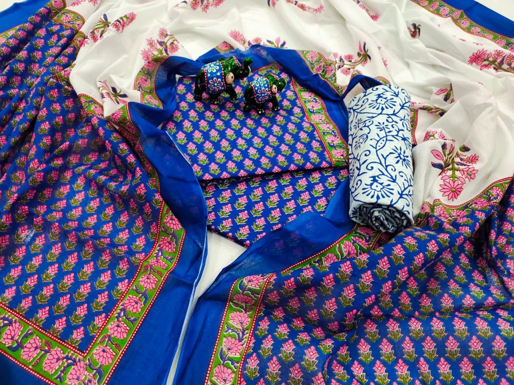 Persian blue and white Cotton salwar kameez set with mulmul dupatta
