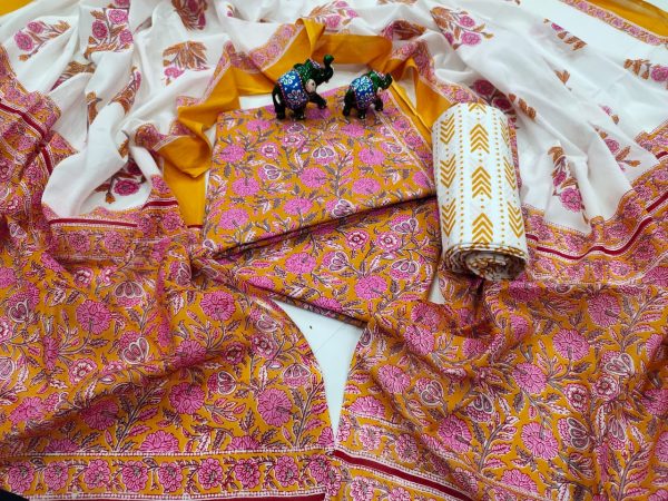 Amber and white Cotton salwar kameez set with mulmul dupatta