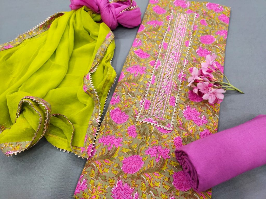 Tan And Magenta floral printed cotton embroidery suit