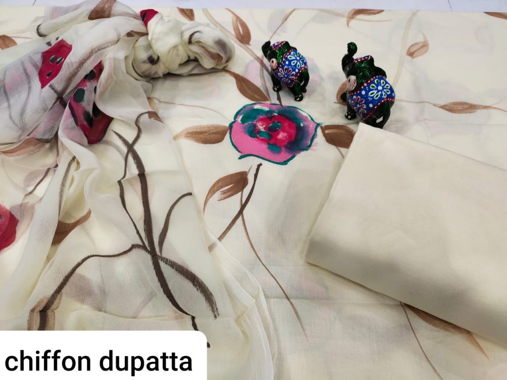 Beautiful Beige Hand painted pure chiffon chunni cotton salwar suit set