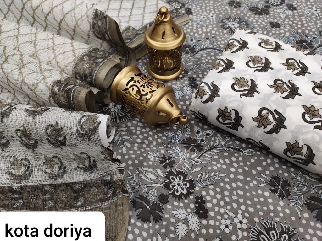 Silver and White cotton suit with kota doria dupatta set