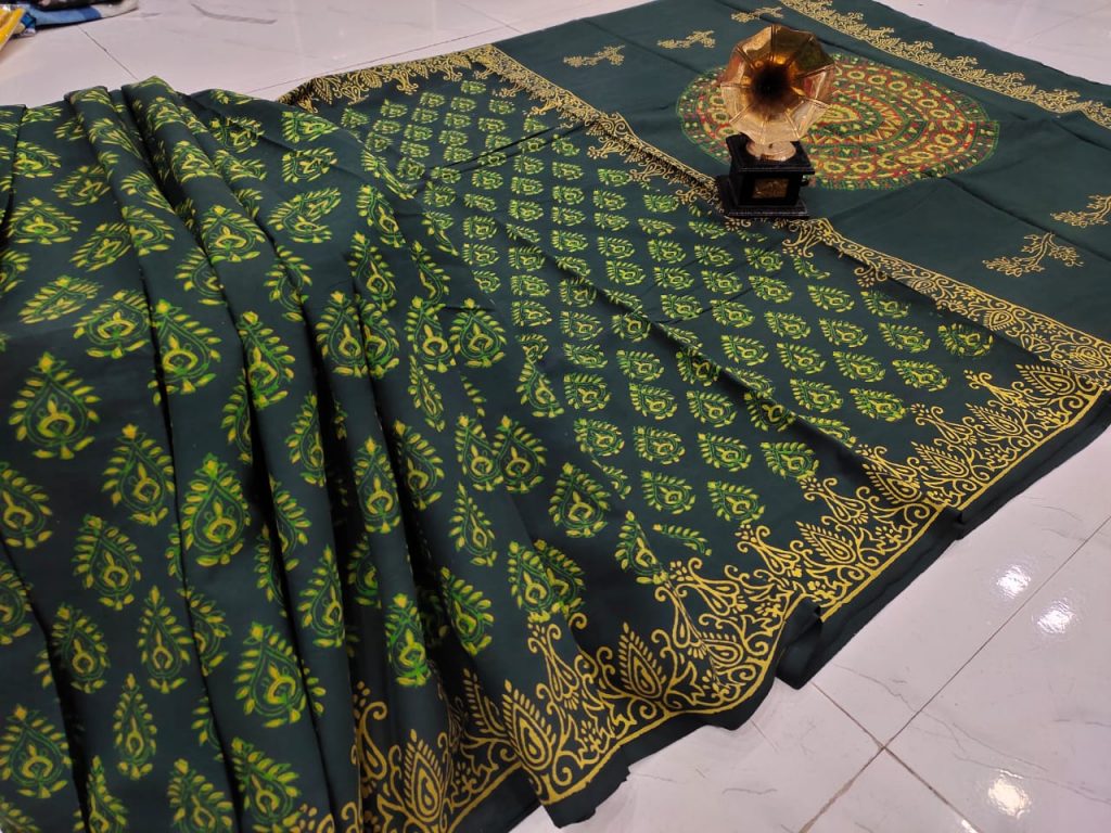Green Cotton mulmul saree with blouse