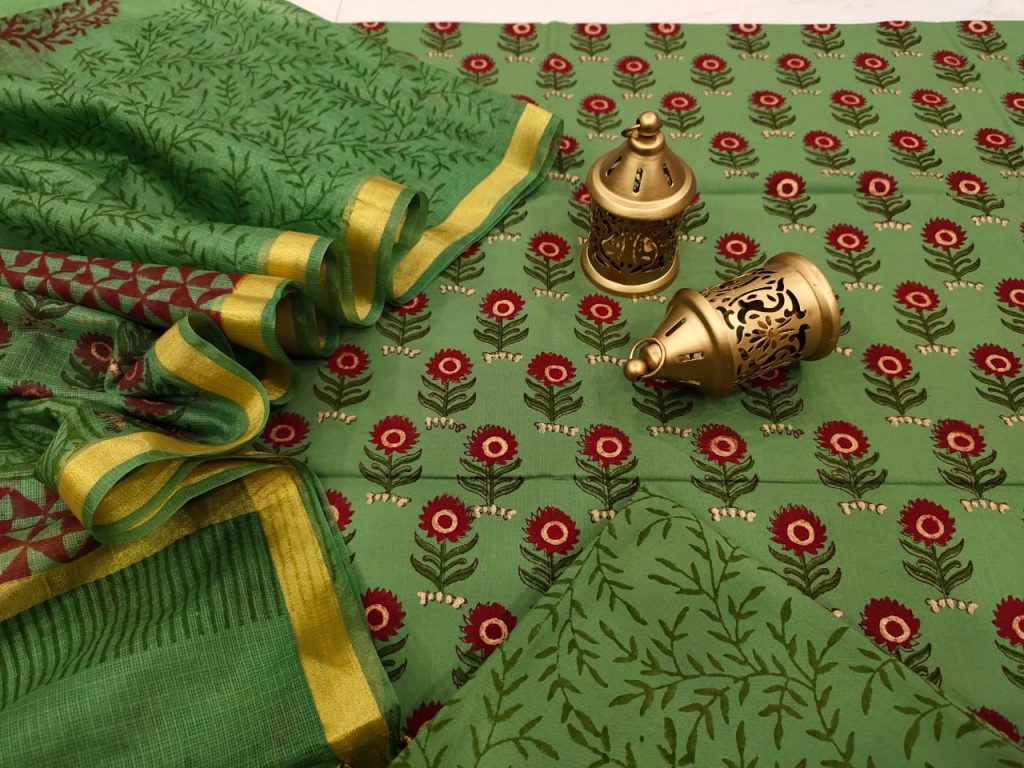 Exclusive Emerald Cotton suit with kota silk dupatta